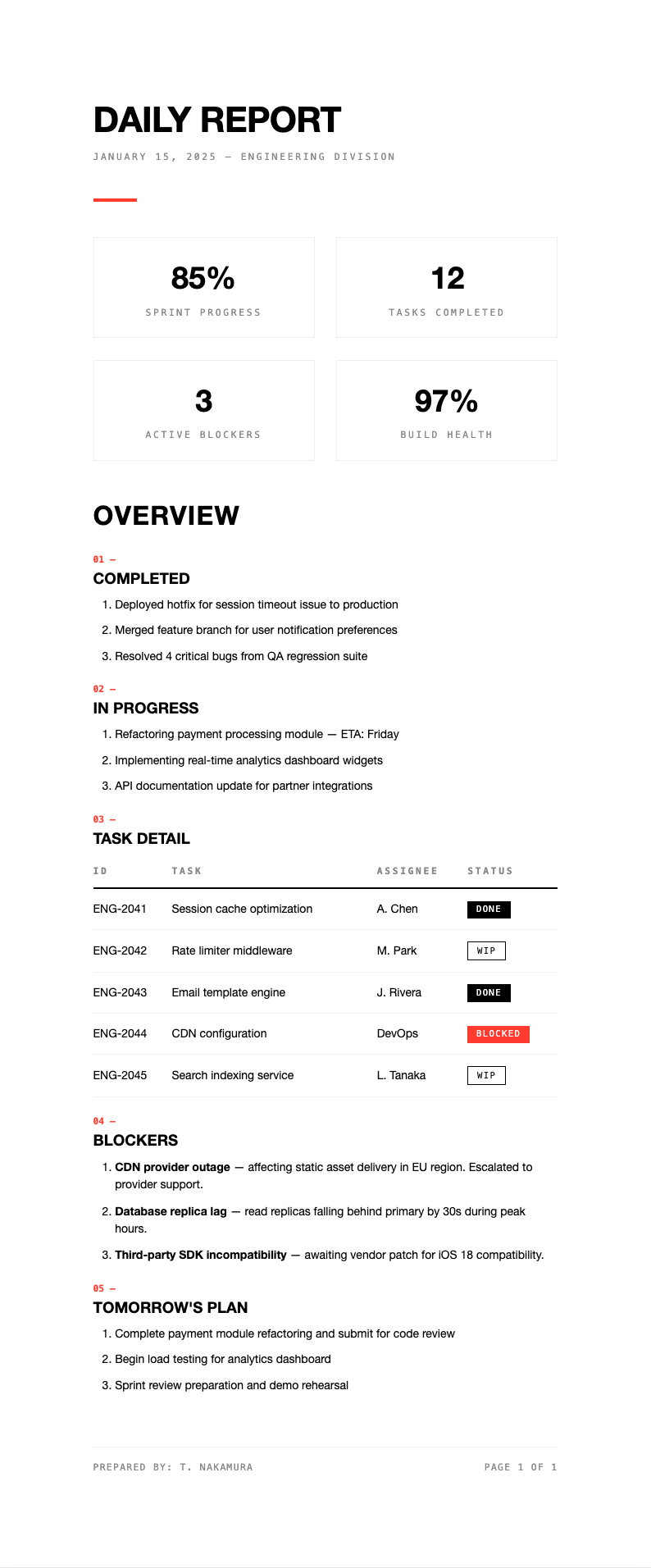 Modern minimalist daily report